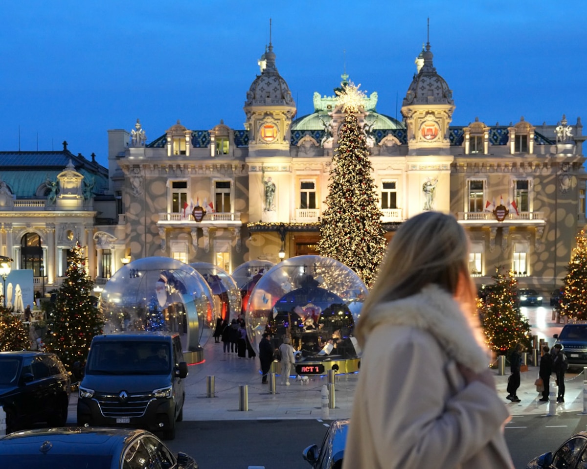 The view of the Christmas market at the from the Grand Casino in Monte Carlo, an incredible excursion from the port of Nice, France.